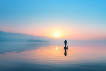 Serene Lake at Sunrise with Lone Paddleboarder