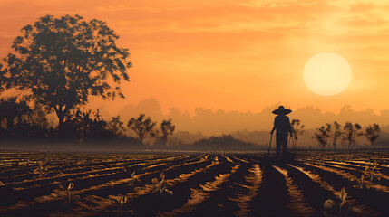 Farmer at Sunset in Lush Fields