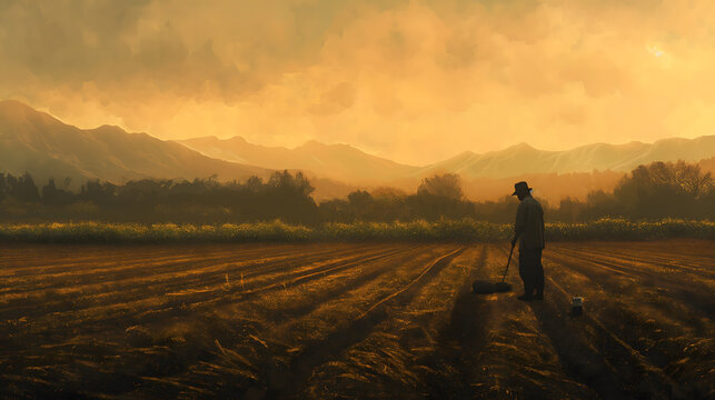 Farmer at Sunset in Picturesque Field