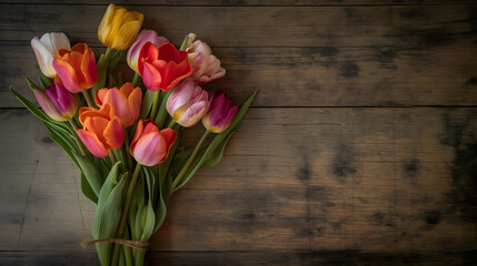Colorful Bouquet of Tulips on Wooden Surface
