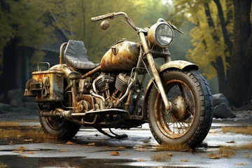 Poster Old motorbike drive. Moped machine. Generate Ai © juliars