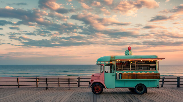 Vintage Ice Cream Truck on a Wooden Pier at Sunset - Powered by Adobe