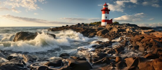 Panoramic view of the lighthouse on the rocky coast at sunset