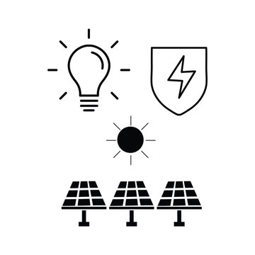 electric icon set, vector bulb,solar paner with sun ray illustration on white background..eps