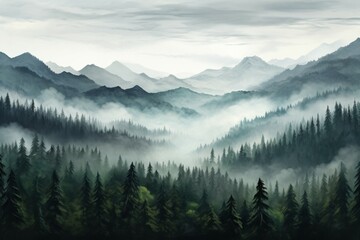 Majestic Mountain foggy view. Mist hill. Generate Ai - obrazy, fototapety, plakaty