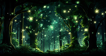 a lush green forest with a lot of fireflies