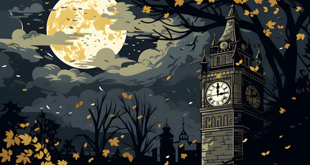 an animated depiction of a big ben with a full moon behind it