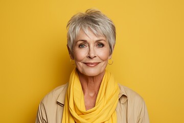 Portrait of smiling senior woman wearing yellow scarf over yellow background.