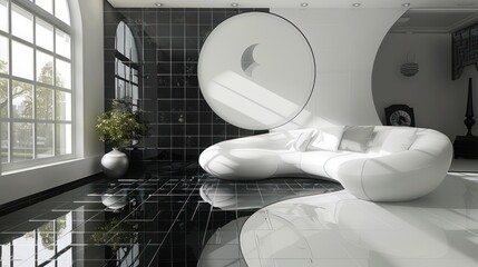 A living room made from black and white ceramic tiles in the shape of Yin and Yang. Light streams through the glass. Give a mysterious atmosphere