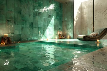 Living room made from jade green ceramic tiles glowing soft texture light passing through glass Give a mysterious atmosphere