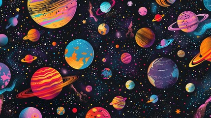 Fototapeta na wymiar Background design with many planets in space illustration. Space icon set and astronaut