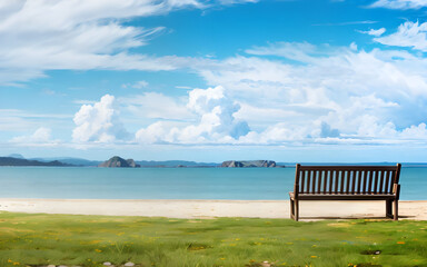 illustration an empty wooden bench in beach with a viewpoint looking out to sea ai generated