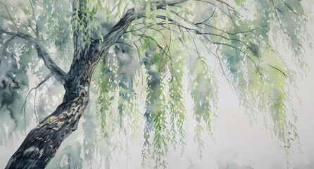 a watercolor picture of a willow tree - obrazy, fototapety, plakaty