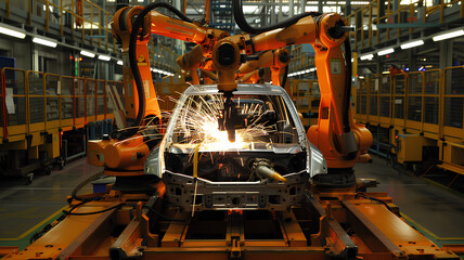 A robotic arm performs precision welding on an automotive assembly line, with sparks flying in a high-tech factory setting.
