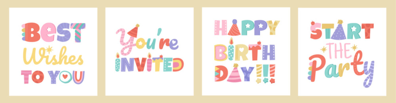 Set of birthday square greeting cards for invitation and decoration