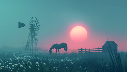 A horse grazes in a field near a windmill with the sunrise creating a pink sky in the background