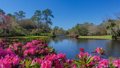 Fototapeten a beautiful garden with a pond, a walking bridge, and vibrant pink azaleas under a clear blue sky © Seasonal Wilderness