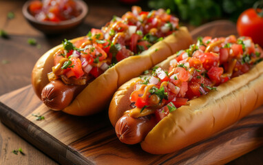 Two hot dogs with toppings, including tomatoes and condiments, are presented in a bold yet graceful and dynamic style.