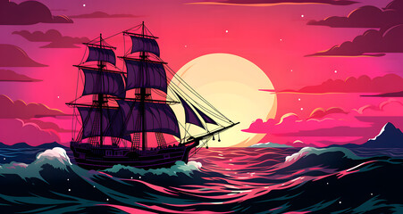 a pirate ship in the ocean at sunset
