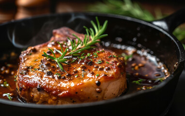 A pork chop is shown in smoked roux, in a melting pots style, with a dark amber color.