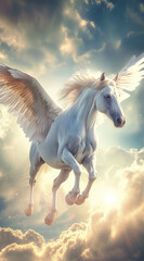 A beautiful white horse with wings flying in the sky, in large scale murals with a sleek metallic finish, highly imaginative worlds, and award-winning design. - obrazy, fototapety, plakaty