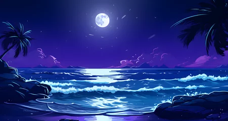 Crédence de cuisine en verre imprimé Violet the moon rises over the ocean near some palm trees
