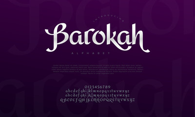 Barokah premium luxury romadhon alphabet letters and numbers. Elegant wedding typography islamic ramadan serif font decorative vintage retro. Creative vector illustration