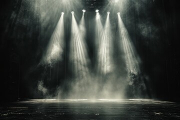Stage lighting illuminates a dark background with spotlights, showcasing monochrome landscapes, sci-fi baroque, large canvas format, and a spectacular show of ages.