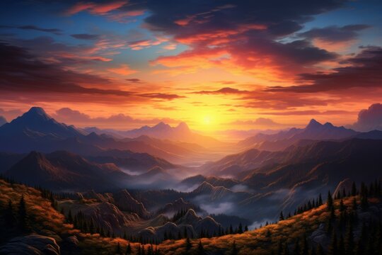 Mountain sunset view. Travel nature. Generate Ai