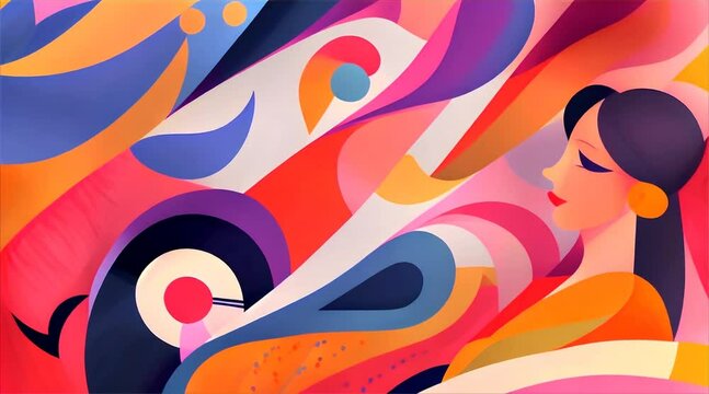 Abstract illustration of a serene woman surrounded by a vibrant, swirling pattern of bold colors and shapes.
