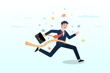 Joyful smart businessman worker running reaching goal at the finishing line as first winner, business winner reaching goal, success celebration, career path or glory to finish working project (Vector)