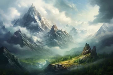 Schilderijen op glas Mountain top scenery sky. Summer landscape. Generate AI © juliars