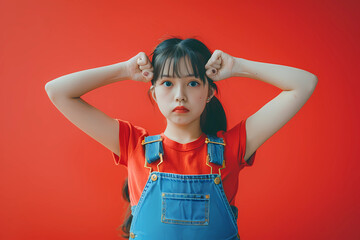girl in overalls flexing her arms against red background