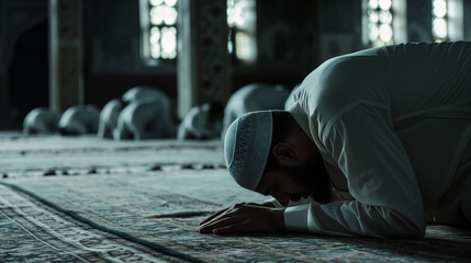 A muslim man praying in mosque. prostrate gesture