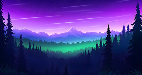 the purple sky above the mountains is reflected by pine trees - Powered by Adobe