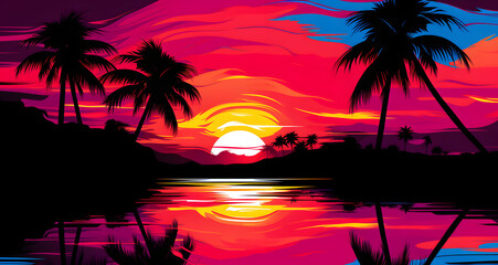 a sunset with palm trees reflected in the water
