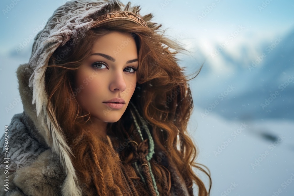 Wall mural contemplative mountain white woman. young portrait. generate ai