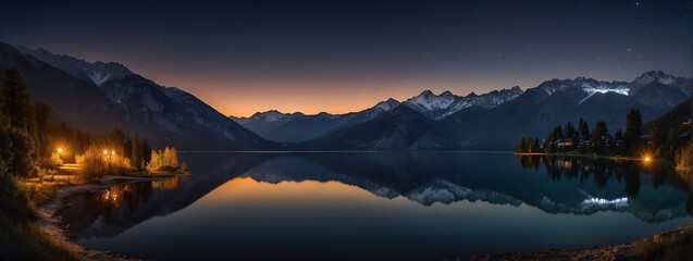 Fototapeta na wymiar Amazing panoramic view of a lake surrounded by mountains at night from Generative AI