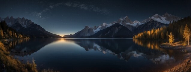 Amazing panoramic view of a lake surrounded by mountains at night from Generative AI