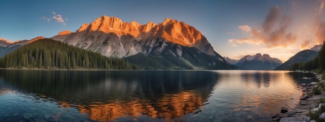 Amazing panoramic view of a lake surrounded by mountains at sunset from Generative AI