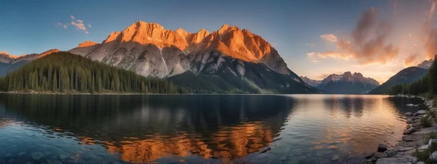 Foto op Canvas Amazing panoramic view of a lake surrounded by mountains at sunset from Generative AI © Arceli