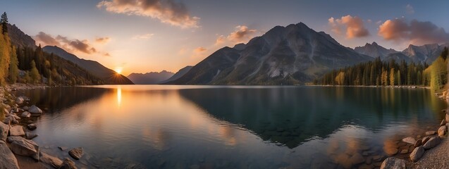 Amazing panoramic view of a lake surrounded by mountains at sunset from Generative AI