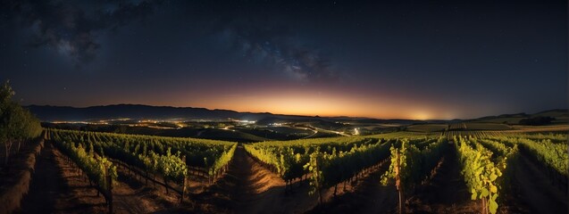 Amazing panoramic view of a vineyard at night from Generative AI