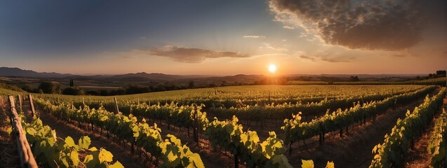 Amazing panoramic view of a vineyard at sunset from Generative AI