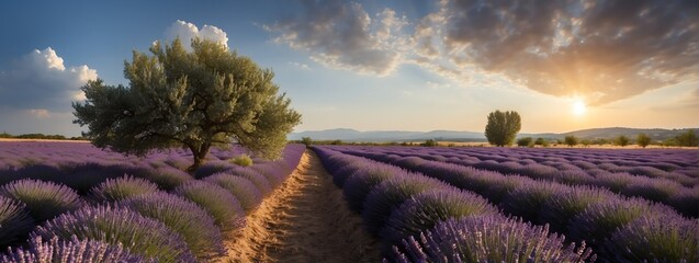 Amazing panoramic view of lavender flowers field with a tree from Generative AI