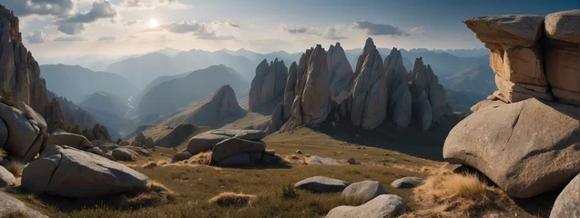 Zelfklevend Fotobehang Amazing panoramic view of mountain rock formations from Generative AI © Arceli