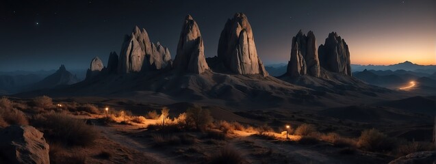Amazing panoramic view of mountain rock formations at night from Generative AI - Powered by Adobe