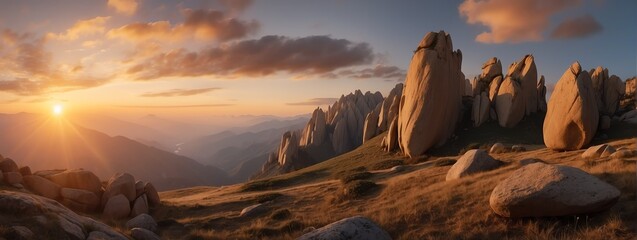 Amazing panoramic view of mountain rock formations at sunset from Generative AI - obrazy, fototapety, plakaty
