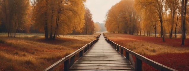 Panoramic autumn landscape with wooden path. Fall nature background from Generative AI