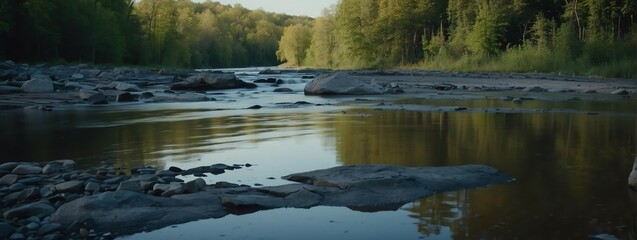 Panoramic river banks on forest landscape background from Generative AI